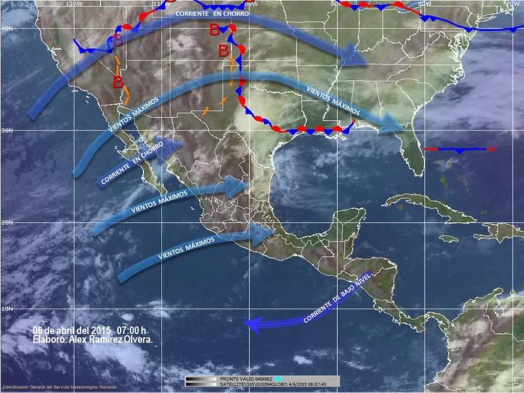 El canal de baja presión tendrá interacción con la entrada de humedad del Pacífico y desarrollará lluvias fuertes acompañadas de actividad eléctrica, granizo, vientos fuertes y posibles torbellinos sobre Coahuila y Nuevo León. (Cortesía)

