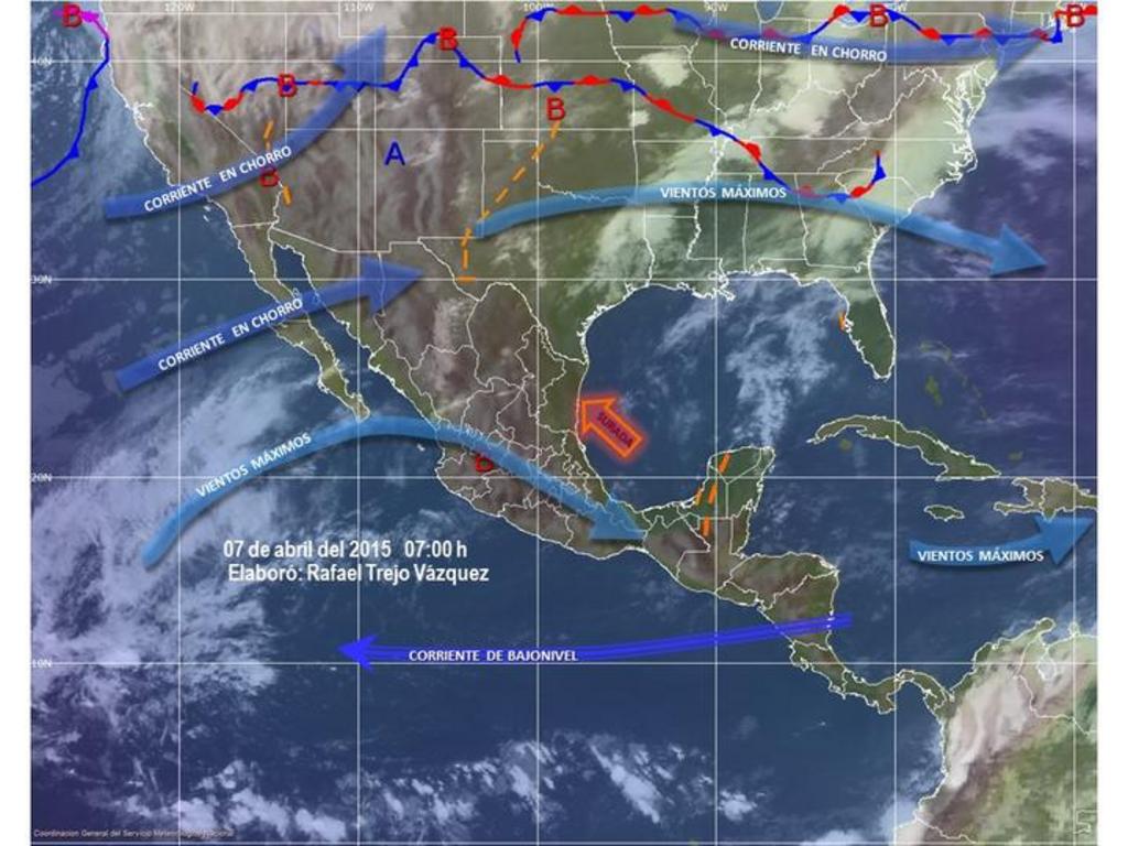 El canal de baja presión se extenderá desde el norte hasta el centro del territorio nacional e interaccionará con una línea seca que domina el norte de Coahuila. (Cortesía)
