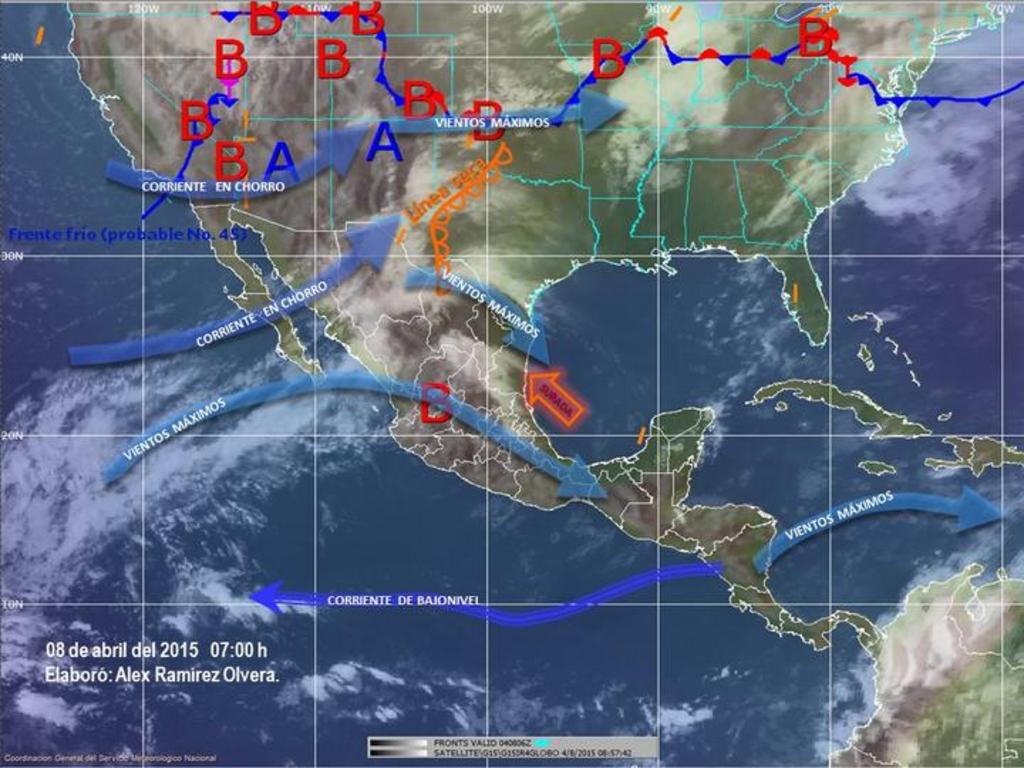 Para hoy, una zona de inestabilidad asociada con una línea seca extendida entre Chihuahua y Coahuila, mantendrá potencial de lluvias fuertes con tormentas eléctricas y caída de granizo en Coahuila y Nuevo León. (Cortesía)
