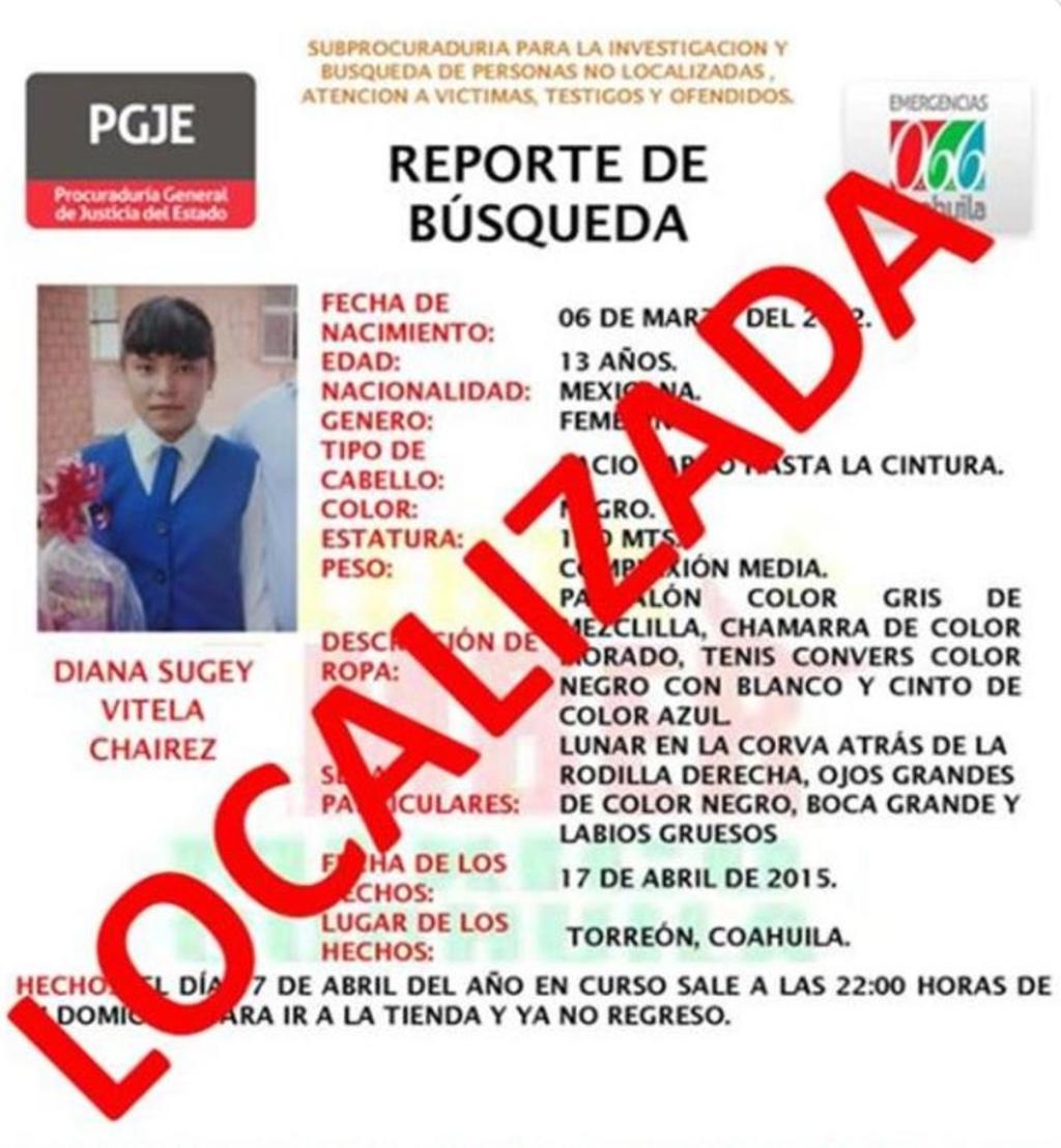 Hace tres días la menor Diana Sugey Vitela Chairez fue reportada por Alerta Amber como extraviada en el municipio de Torreón. (ESPECIAL)