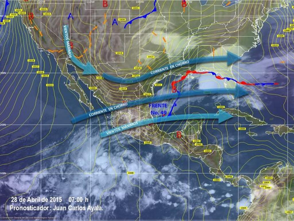 El frente frío 49 favorecerá potencial de lluvias puntualmente intensas, acompañadas de actividad eléctrica y caída de granizo en Chiapas y Tabasco. (Cortesía)
