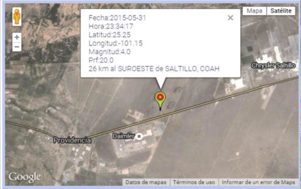 Según confirmó el Sismológico Nacional, los hechos se registraron a 26 kilómetros al suroeste de Saltillo a las 23:34 horas. (Especial)
