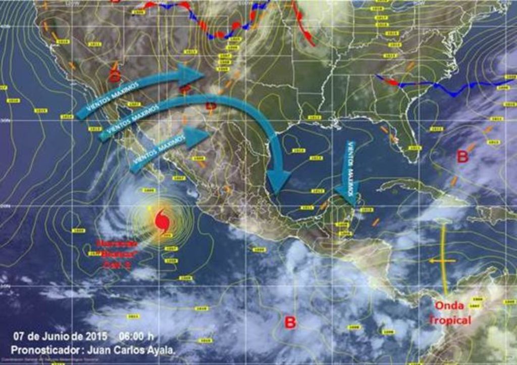 El huracán 'Blanca' se localizó a 355 km al sur-suroeste de Cabo San Lucas, en Baja California Sur, sus desprendimientos nubosos alcanzarán el noroeste y occidente del territorio.
