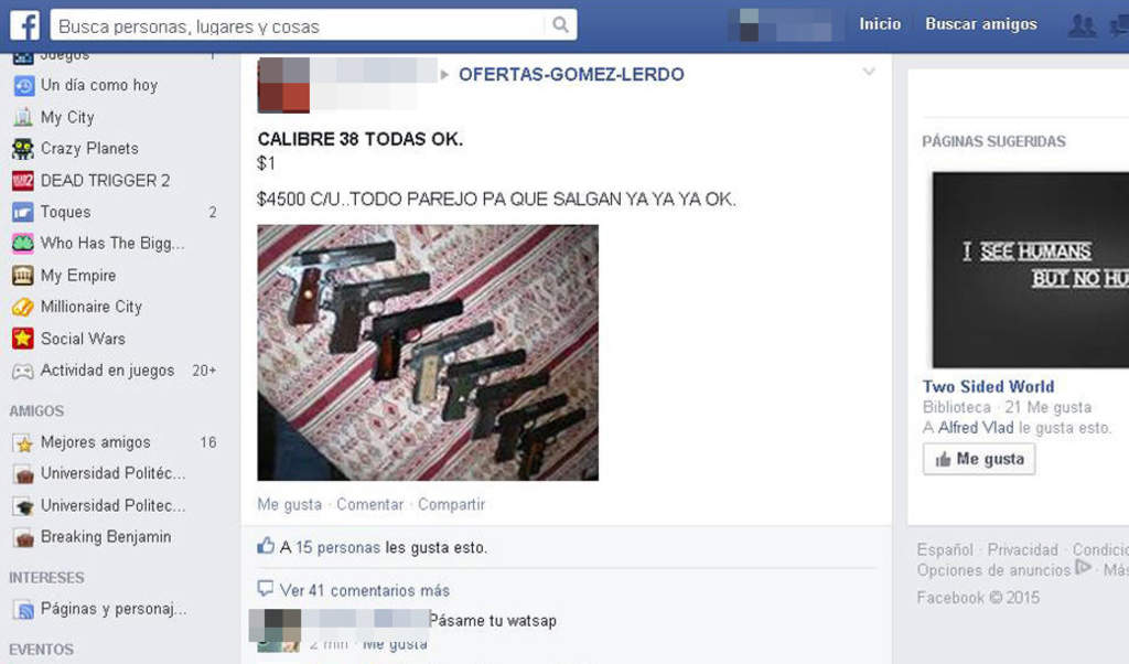 Oferta. En la imagen se ven las armas que se ofrecieron a los usuarios de Facebook a través del usuario Juan Antonio. (EL SIGLO DE TORREÓN)
