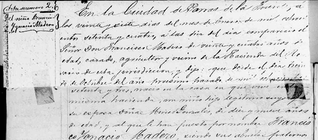 Fragmento de la Constancia del Registro Civil. 27 de enero de 1874.

