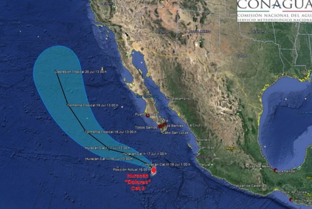 El fenómeno climático se ubica a 35 kilómetros al este-sureste de Isla Socorro, Colima y a 470 kilómetros al sur de Cabo San Lucas, Baja California Sur. (TWITTER)
