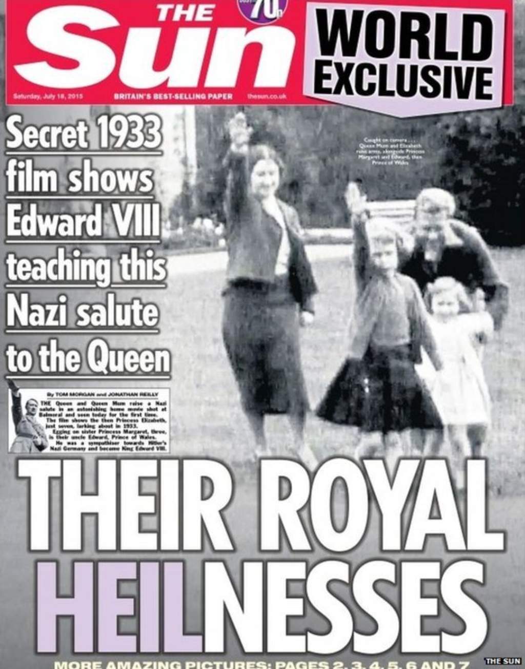 The Sun publicó en su portada una foto tomada de una filmación de 1933 en la que aparece Isabel II, entonces con 7 años, junto a su madre, Isabel; su hermana, la princesa Margarita, y su tío, entonces príncipe de Gales y más tarde rey Eduardo VIII. (Especial)
