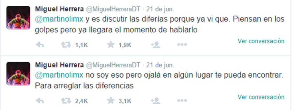 En junio pasado, Miguel Herrera y Christin Martinolli intercambiaron 'tuits' donde el entrenador ya mostraba su molestia.  (Especial) 
