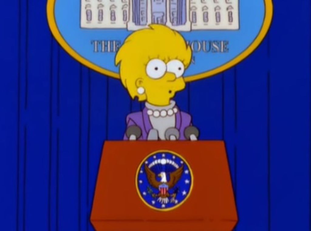 En un episodio de la temporada 11, transmitido en el año 2000, Lisa, quien supuestamente es presidenta de Estados Unidos, debe solucionar los problemas dejados por el 'presidente Trump'.