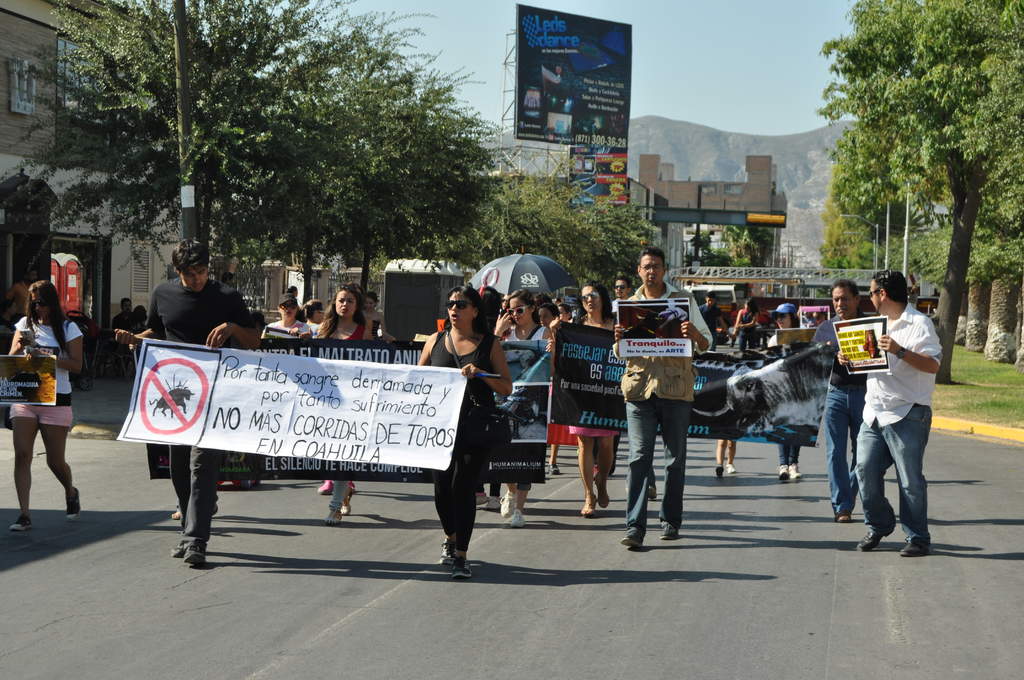 Los manifestantes marcharon bajo el grito de 'toros sí, toreros no' y 'no a la tortura'. (El Siglo de Torreón)