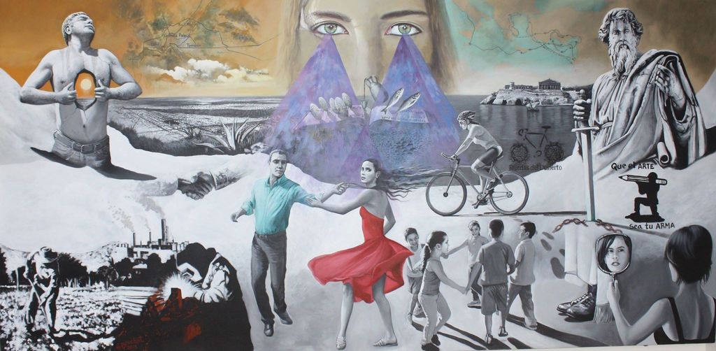 Regional. En las tres obras murales, el pintor lagunero ubicó elementos propios de la identidad lagunera contemporánea.
