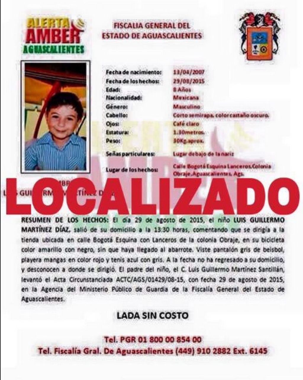 Luis Guillermo “N”, de 8 años de edad, fue rescatado sano y a salvo de la casa de un hombre que lo secuestró el sábado pasado para cobrarle una deuda a su padre. 