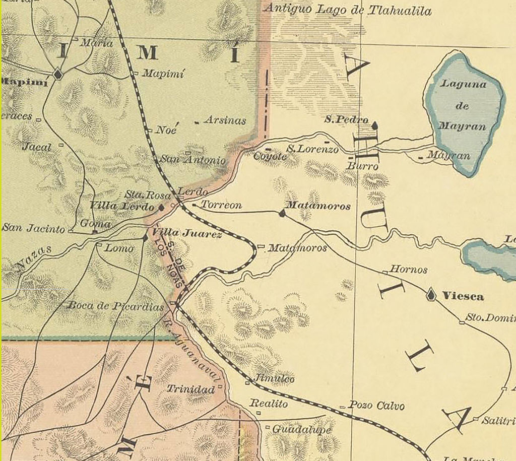 Mapa Comarca Lagunera Durango 1885 Estación Lerdo y Estación Matamoros de la Hacienda del Torreón. 