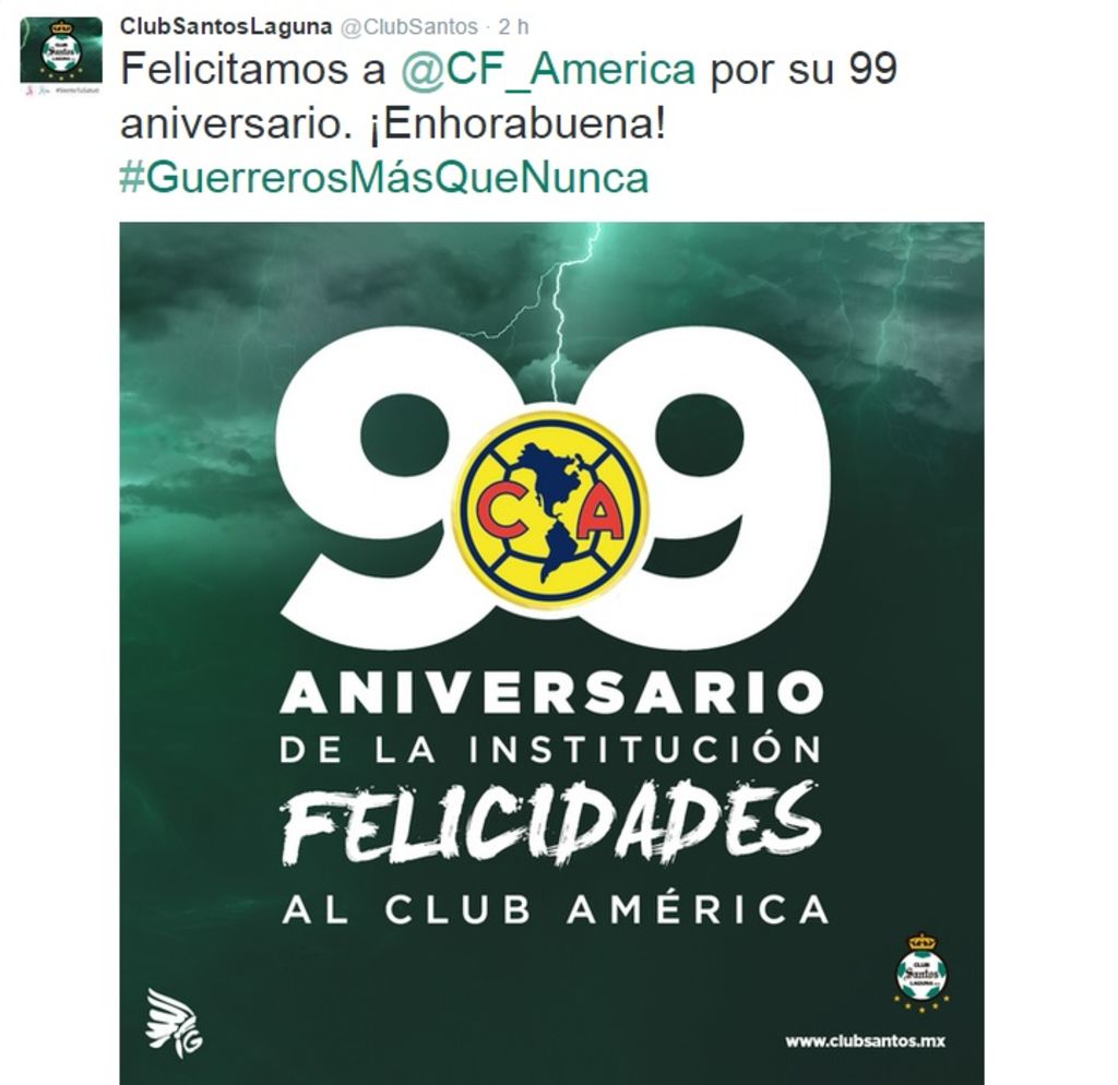 El club albiverde envió una felicitación a las Águilas del América, mediante un mensaje y una imagen en la cuenta oficial de Twitter. (ESPECIAL)