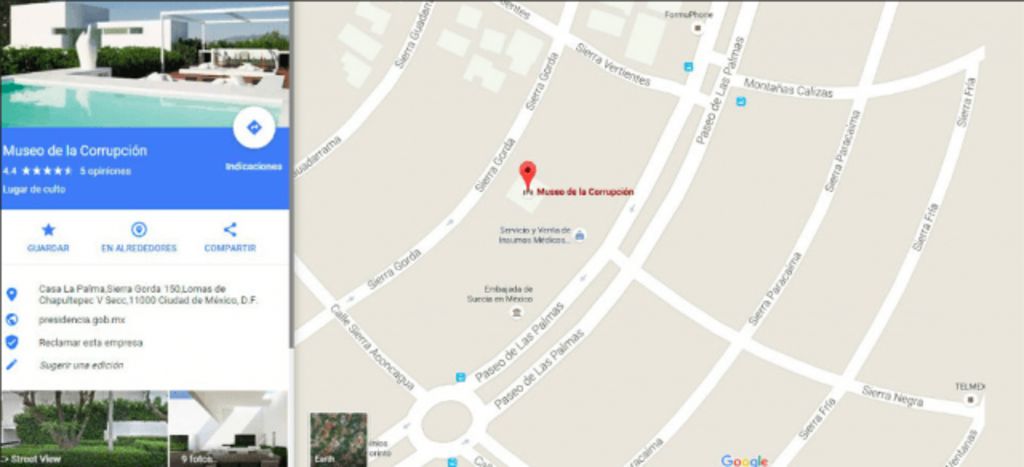 La 'casa blanca' de Angélica Rivera fue registrada en Google Maps como el 'Museo de la Corrupción'. (ESPECIAL) 
