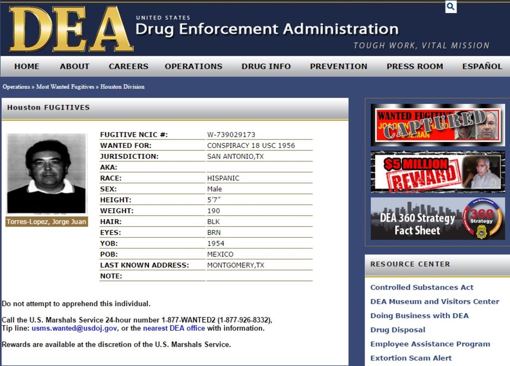 Jorge Torres aparece en la página de la DEA como uno de los fugitivos más buscados. (ESPECIAL)