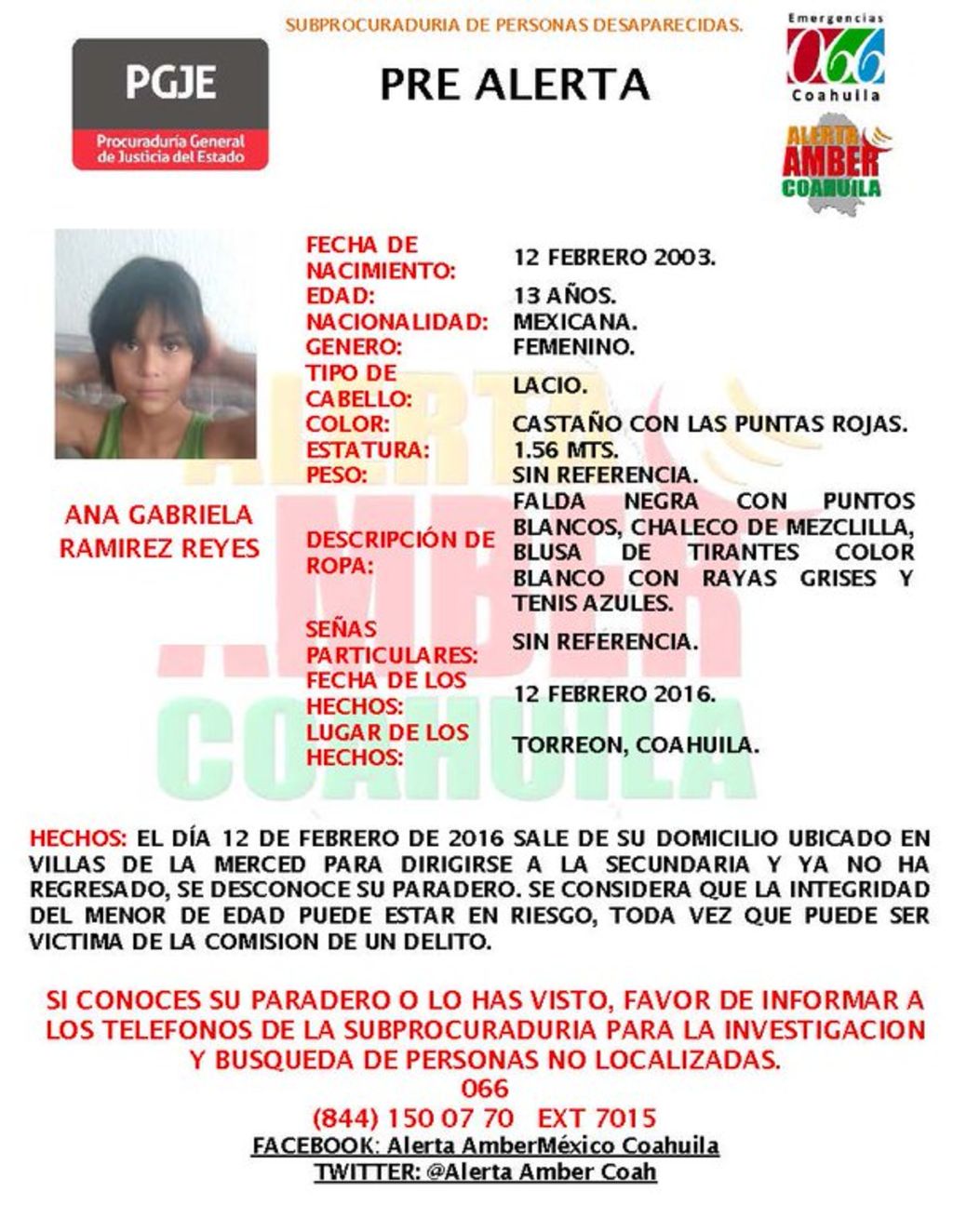 Se trata de Ana Gabriela Ramírez Reyes, quien salió de su domicilio en la mañana del viernes ubicado en Villas de la Merced en Torreón. (ESPECIAL)
