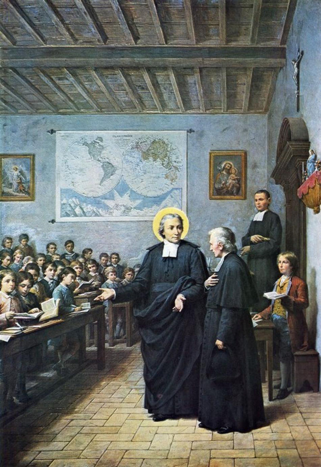 San Juan Bautista de la Salle enseñando  a sus primeros alumnos.