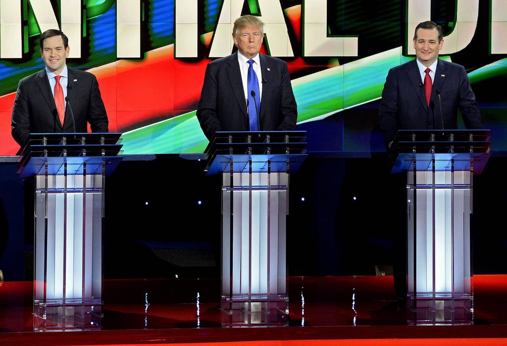Republicanos. De izquierda a derecha, los precadidatos  a la presidencia Marco Rubio, Donald Trump y Ted Cruz.