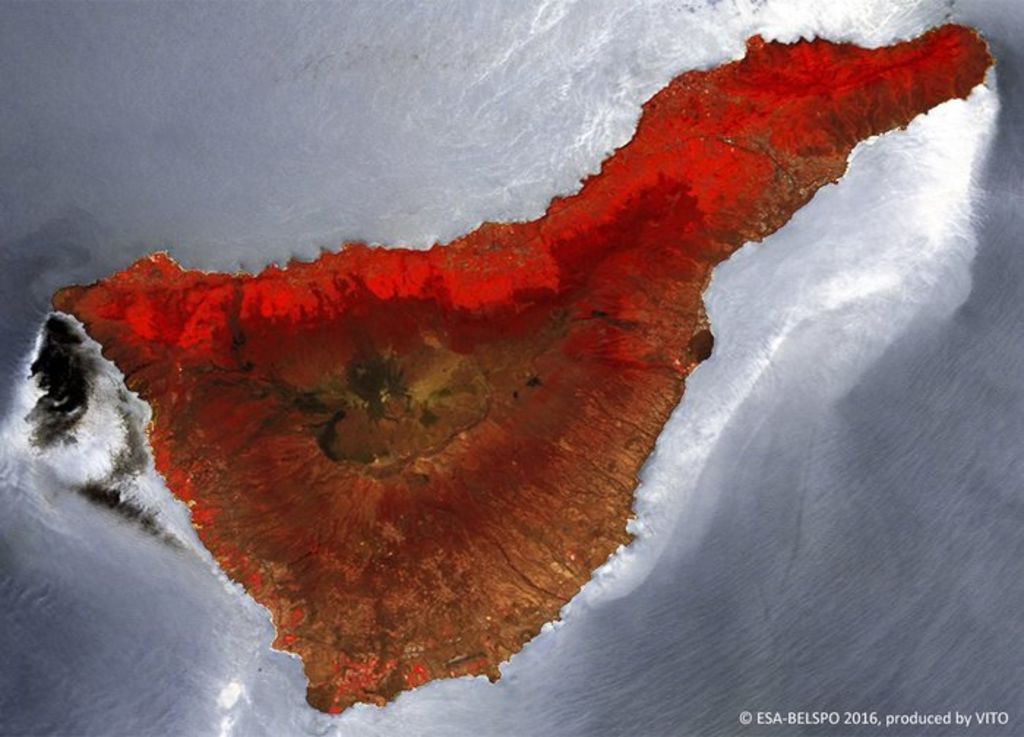 La fotografía, coloreada para mostrar diferentes longitudes de onda infrarroja con una resolución de hasta 300 metros, muestra la mayor de las islas Canarias. (INTERNET)