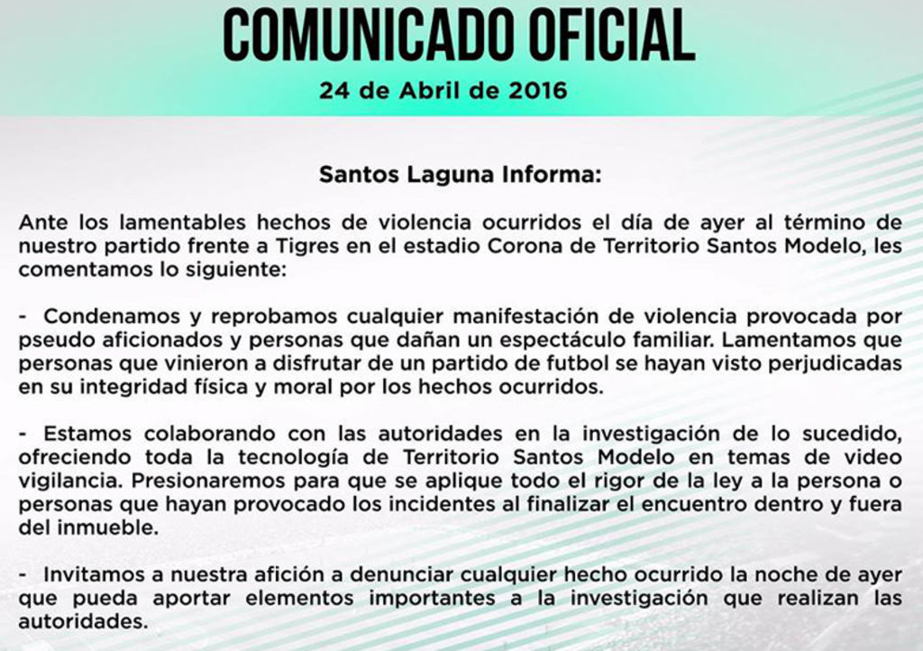 Autoridades reportaron la detención de 22 sujetos involucrados en la trifulca. (CLUB SANTOS LAGUNA)