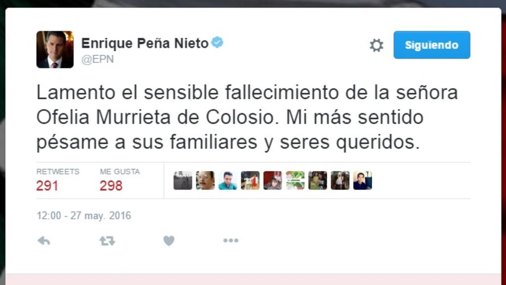 Peña Nieto lamentó el fallecimiento de la señora Ofelia Murrieta de Colosio. (ESPECIAL)