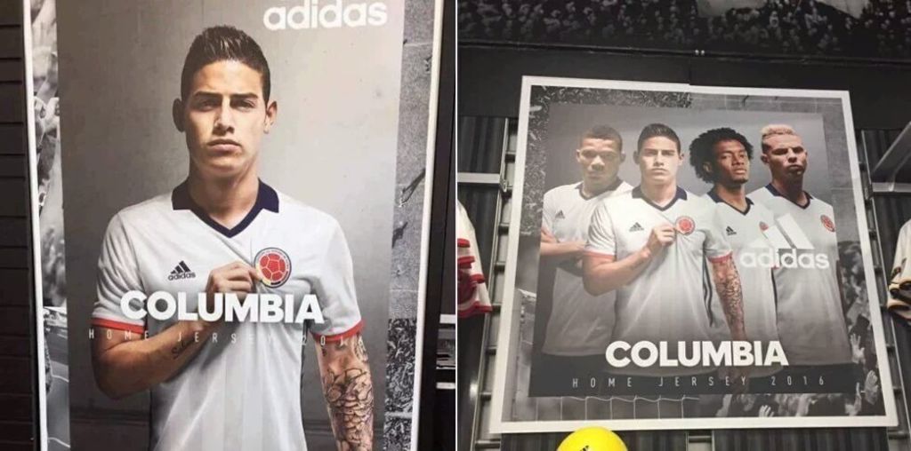 Desde el debut de Colombia el viernes contra Estados Unidos en Santa Clara, circularon en las redes sociales fotos en las que aparecen pancartas con la imagen de jugadores de la selección, encabezados por James Rodríguez y Juan Guillermo Cuadrado, modelando una camiseta blanca de Colombia.