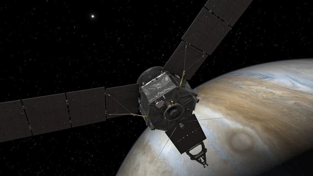 Con sus instrumentos científicos, Juno investigará la existencia de un núcleo planetario sólido, examinará el intenso campo magnético de Júpiter, medirá la cantidad de amoniaco en la atmósfera profunda y observará las auroras del planeta. (EFE)