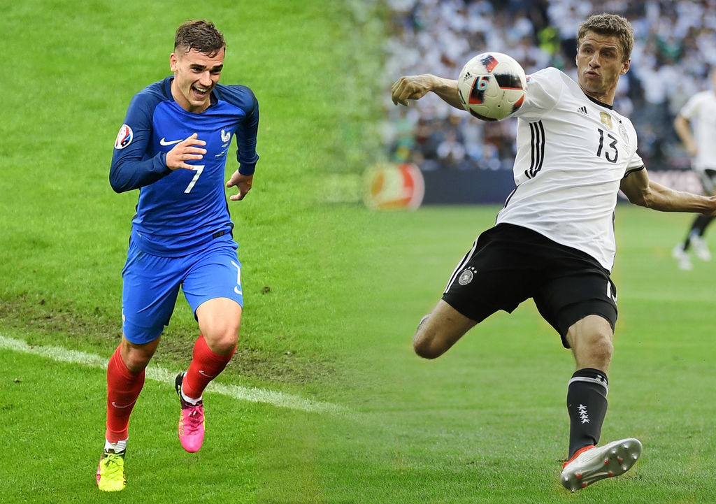 Thomas Müller (der.) y Antoine Griezmann serán de los principales jugadores a seguir en el encuentro de hoy entre Alemania y Francia en las semifinales de la Eurocopa. (AP)