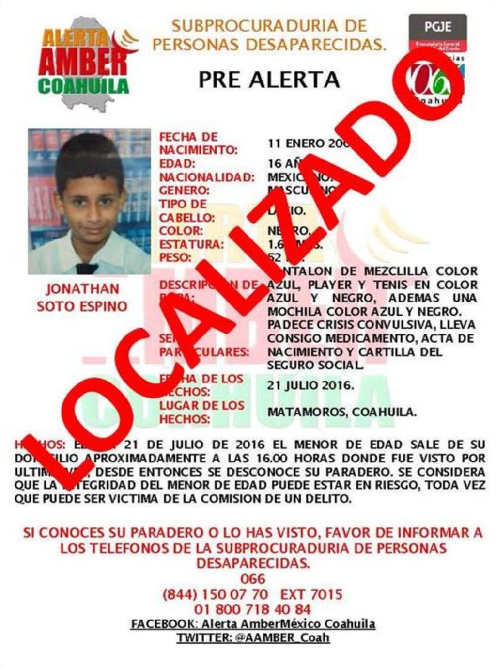 El día de hoy se dio a conocer a través de la red social de Alerta Amber que el menor se encontraba extraviado, luego de que desde el pasado jueves saliera de su casa en Matamoros. (ESPECIAL)