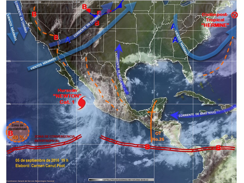 La tormenta “Newton” se convirtió el lunes en huracán categoría 1 en aguas del Pacífico mexicano mientras avanzaba sobre la península de Baja California, muy cerca de la exclusiva zona turística de Los Cabos.  (NOTIMEX)