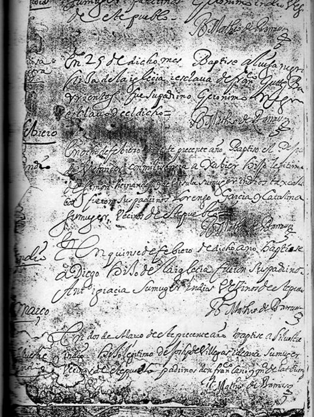 Primeras constancias signadas por el br. Matheo de Barraza en Parras. Enero de 1641. 

