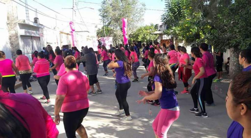  Decenas de personas, en su mayoría damas, acudieron a la cita portando playeras rosas, ejercitándose al ritmo de la música de salsa, bachata, merengue, entre otros géneros que pusieron el ambiente entre las entusiastas participantes. 