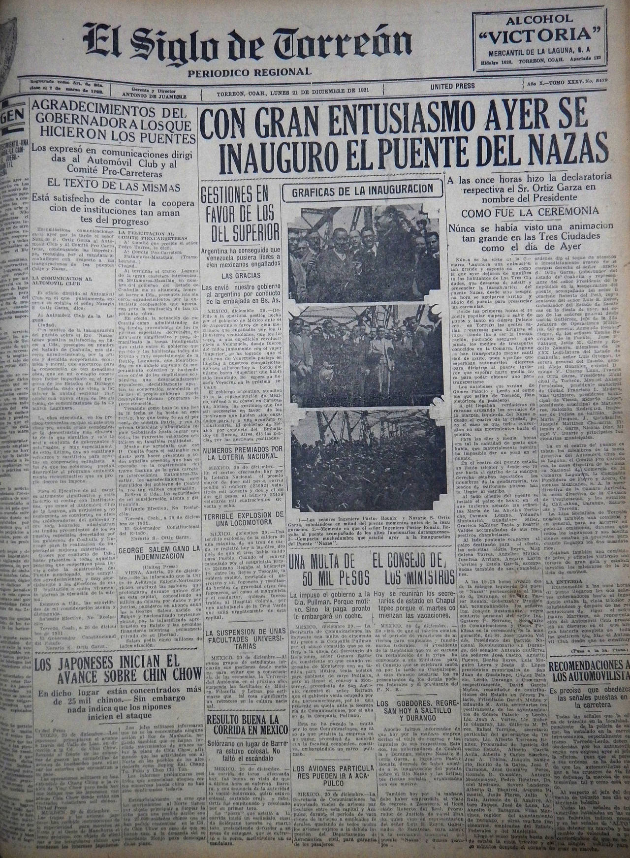 Obra. El 21 de diciembre de 1931 El Siglo de Torreón publicó en su portada la inauguración del puente plateado. (EL SIGLO DE TORREÓN)