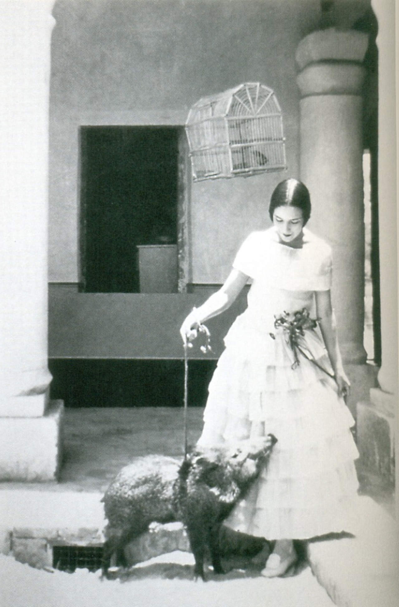 Dolores del Río jugando con un cachorro de jabalí, en la hacienda Las Cruces en Nazas.