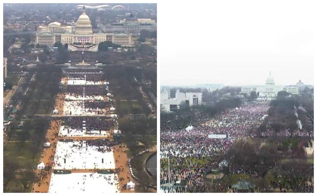 Pequeñas diferencias. Así lució el Capitolio en Washington. A la izquierda durante la toma de posesión de Trump, a la derecha durante la Marca de las Mujeres.