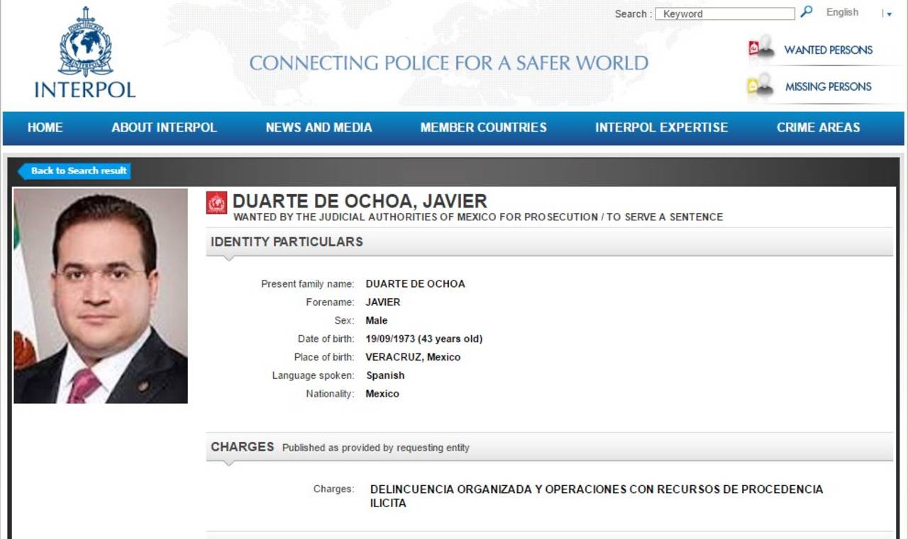 Cargos. Javier Duarte es requerido por los delitos de delincuencia organizada y operaciones con recursos de procedencia ilícita.