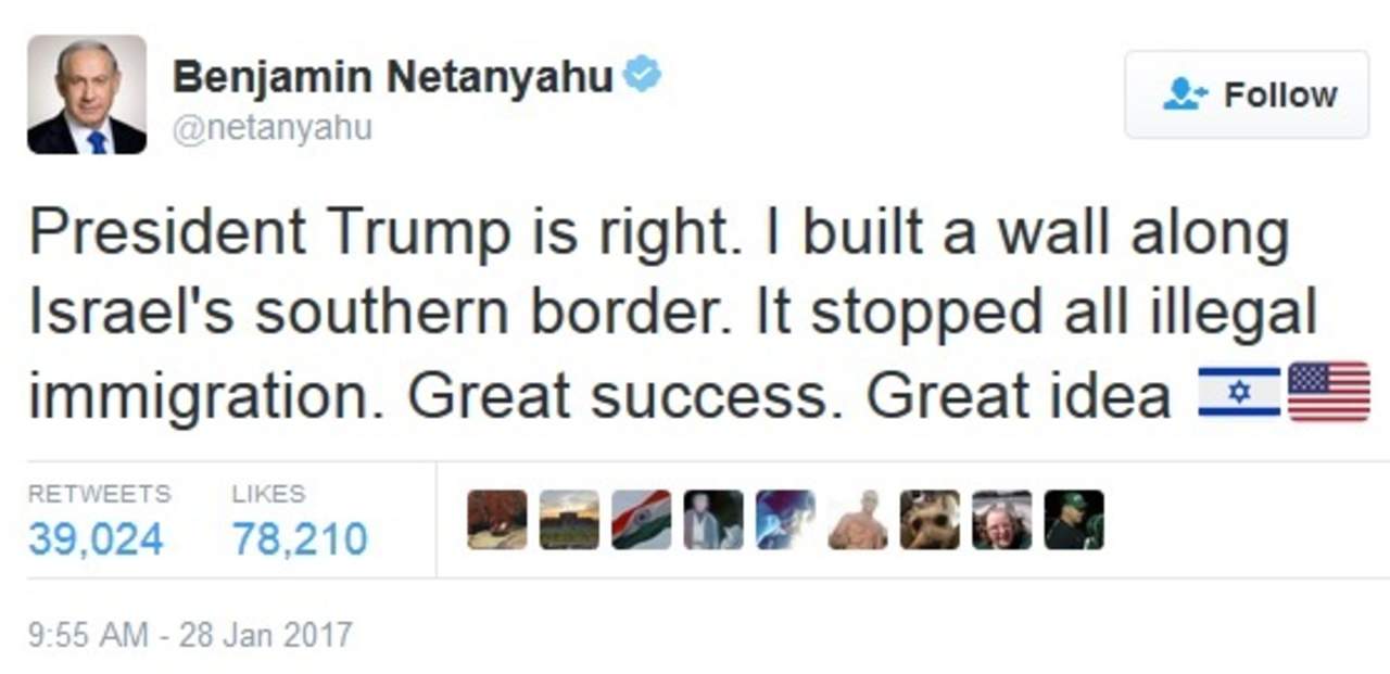 Polémico. Este es el tuit que compartió Benjamin Netanyahu apoyando la propuesta de Donald Trump de construir el muro.