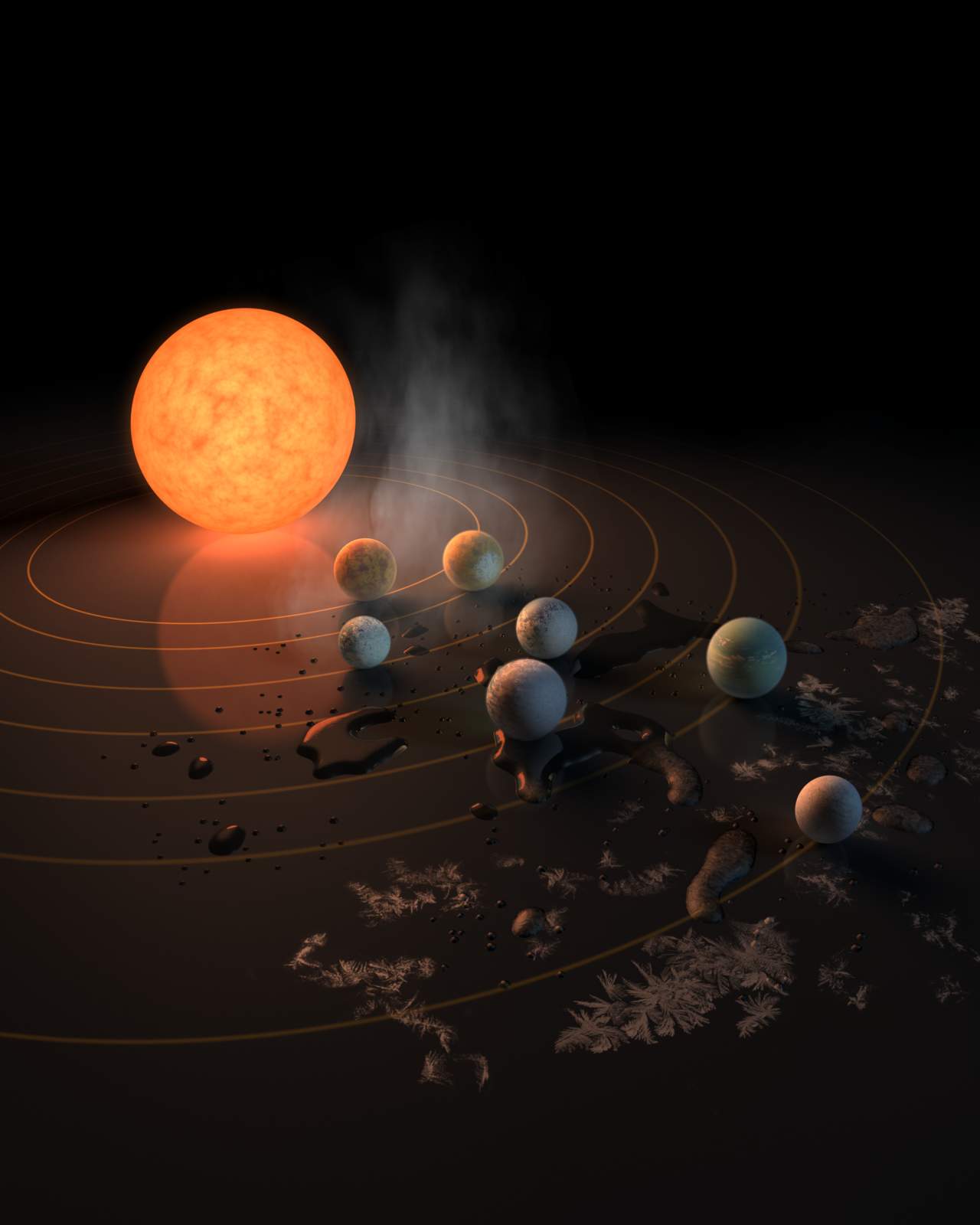 Los cuerpos recién descubiertos giran en órbitas planas y ordenadas alrededor de TRAPPIST-1, una estrella enana ultrafría con un brillo cerca de mil veces menor al del Sol. (ESPECIAL) 