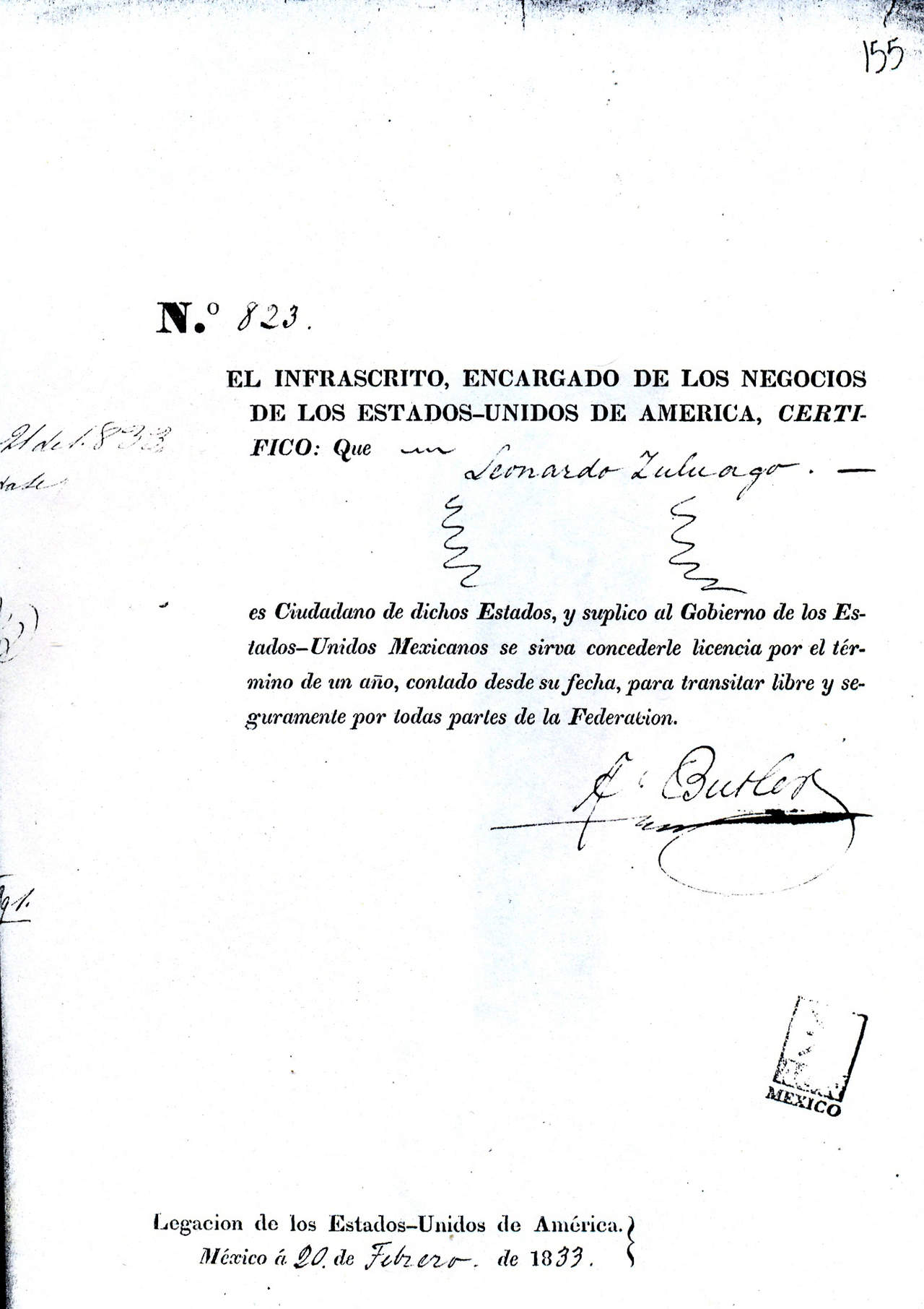 Documento donde la Legación de los Estados Unidos de América abogan ante el gobierno mexicano por el señor Zuloaga.