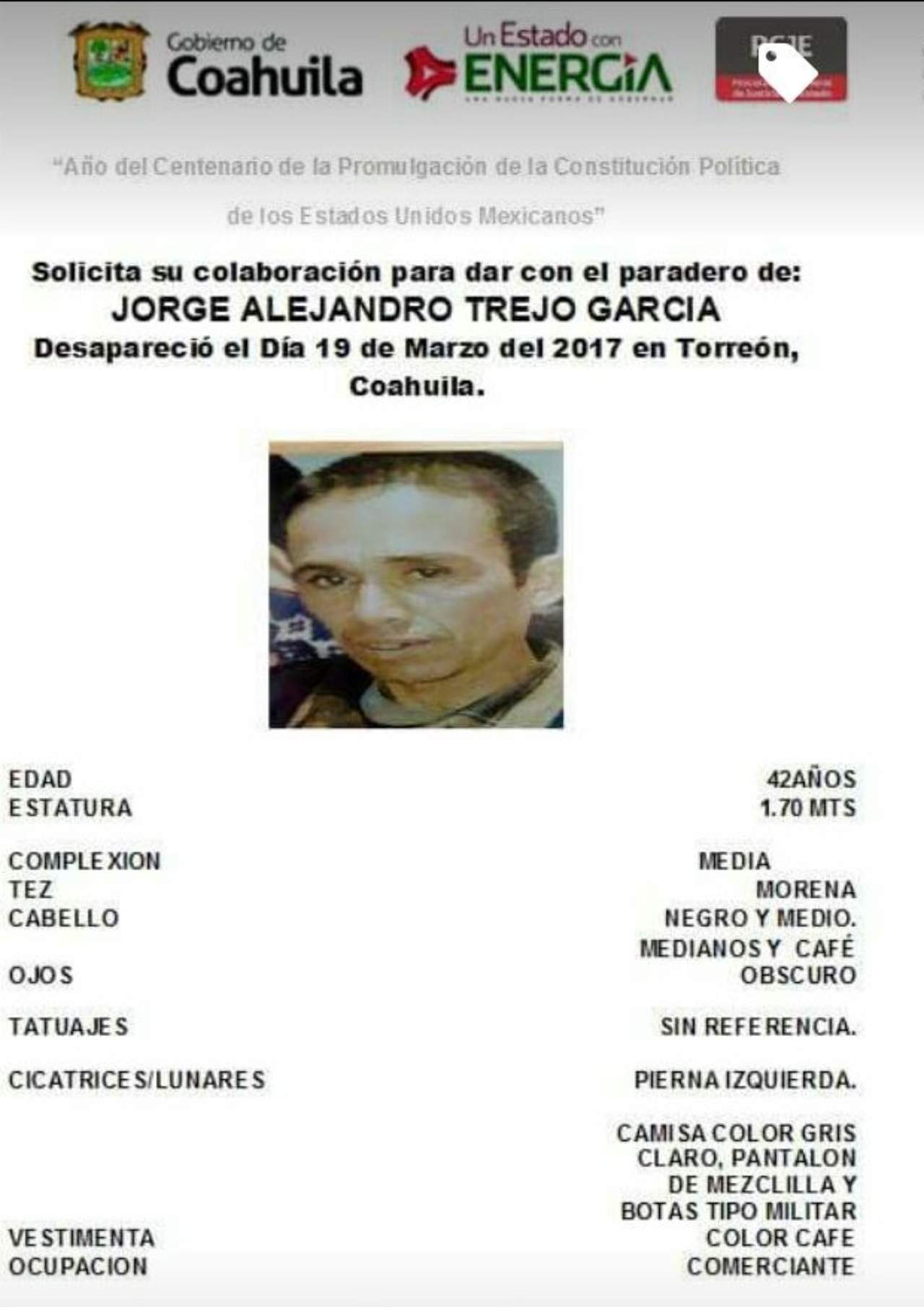 Apoyo. Se busca apoyo para localizar a Jorge Alejandro Trejo García, de 42 años de edad, quien desapareció en Torreón.
