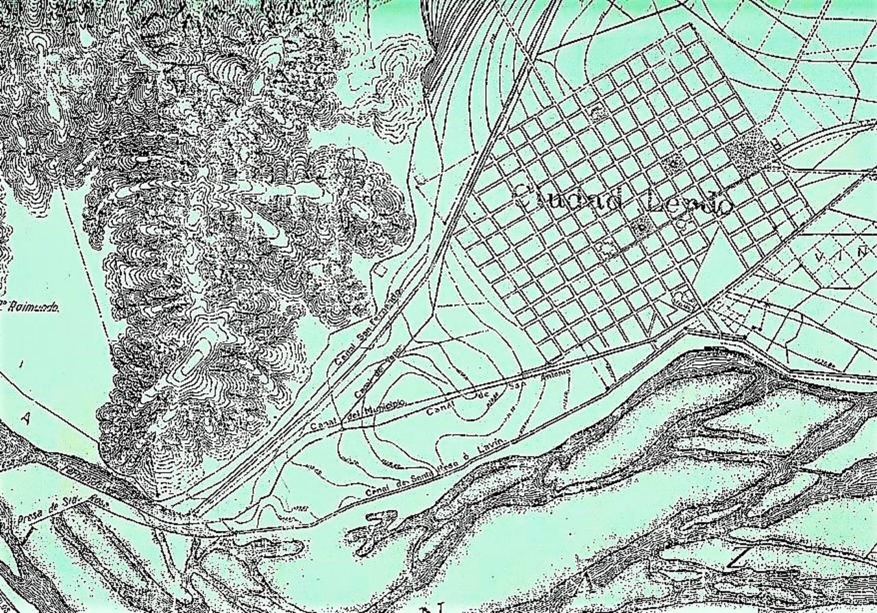 Plano de 1911, se observa a lado izquierdo inferior la presa de San Fernando, lugar donde iniciaron las  acequias del municipio y San Antonio.