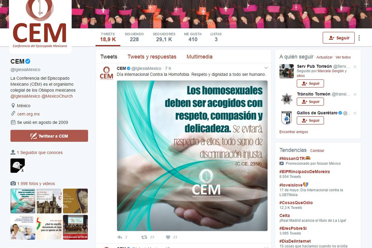Llamado. Desde su cuenta oficial de Twitter, el CEM pidió respeto hacia las personas homosexuales. (TWITTER)