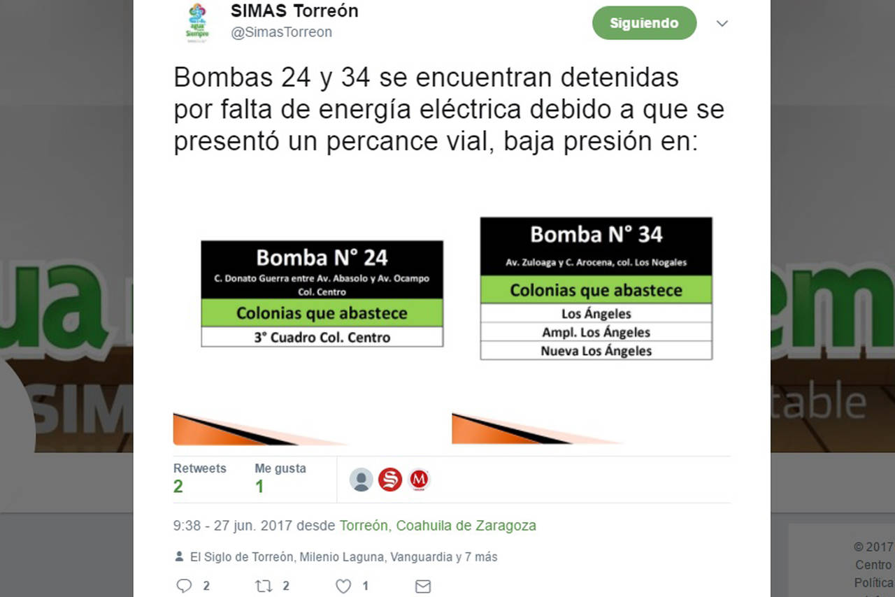 Constantes. Los tuits del Simas Torreón son constantes para avisar a la ciudadanía de fallas en bombas y 'apagones'. (TWITTER)