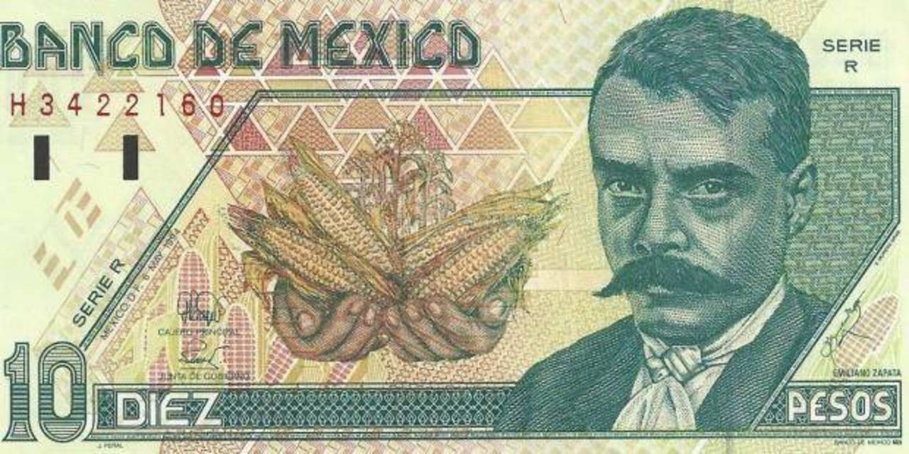 Diez pesos. El personaje de los billetes de diez pesos es Emiliano Zapata. 