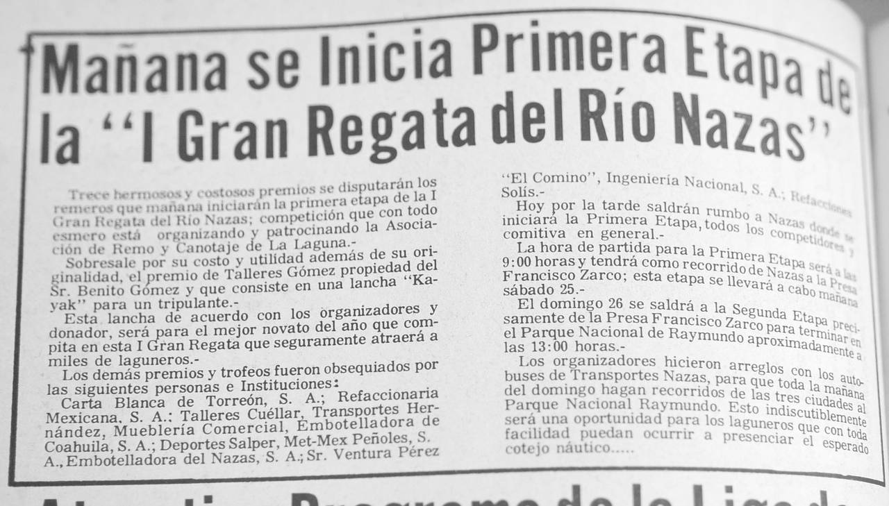 Así anunciaba El Siglo de Torreón, la realización de la primera edición de la Gran Regata del Río Nazas en 1960. (Archivo)
