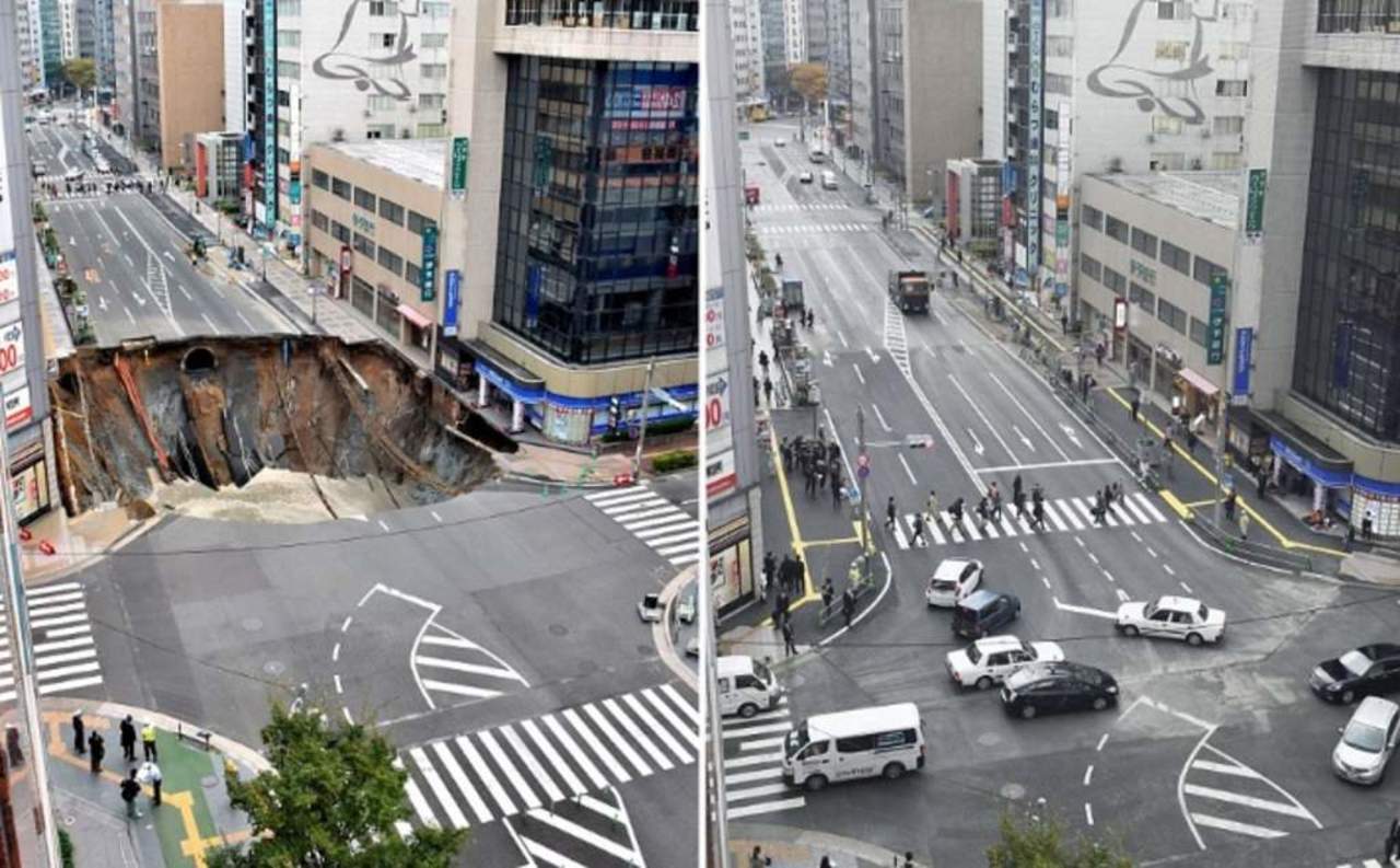 El agujero apareció en uno de los barrios más transitados de la ciudad, situada al suroeste de Japón, y obligó a desalojar la zona, pero no se registró ningún herido. (ARCHIVO)