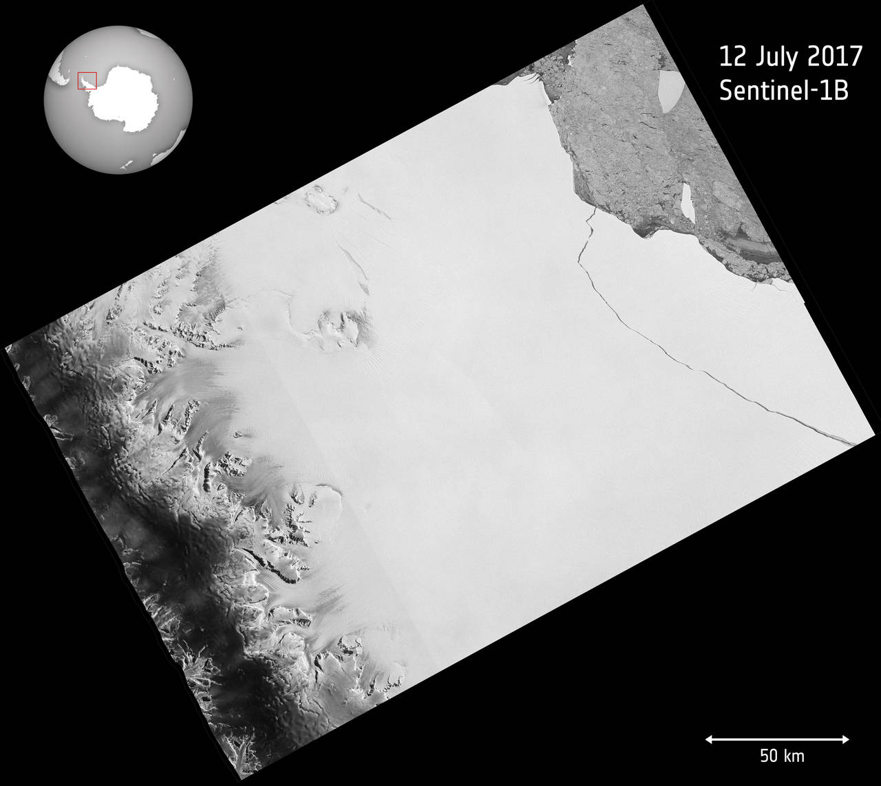 Hallazgo. Así se ve desde la misión Copernicus Sentinel-1, la fractura en la Antártida. 