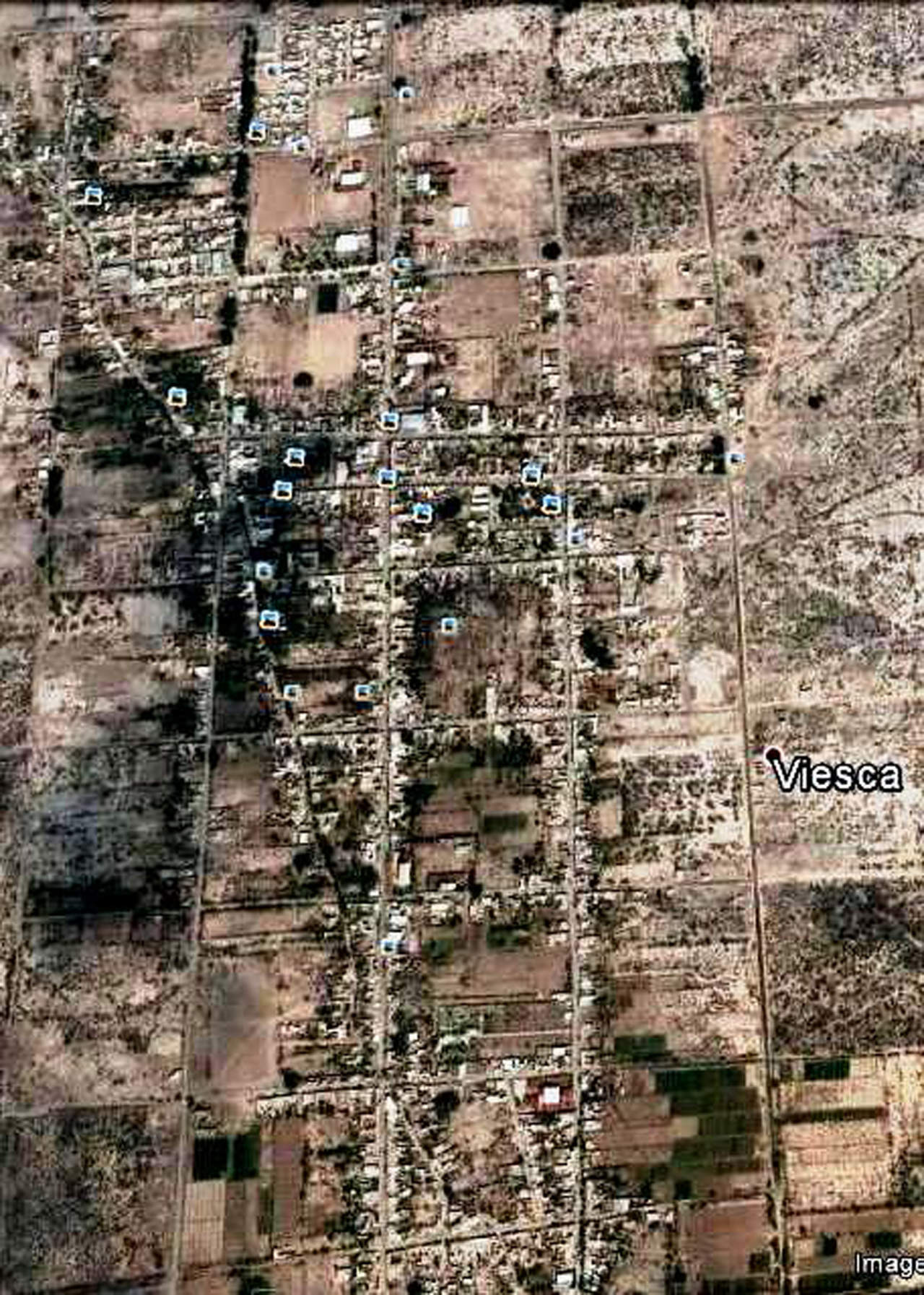 Mapa satelital del sector urbano del antiguo pueblo de San José y Santiago del Álamo (Viesca). (Google Earth.INEGI.GOOGLE.3.DIC.2014.) 
