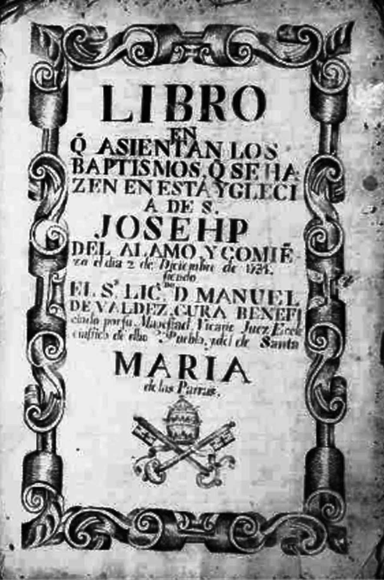 Portadilla del Libro de Bautismos en el pueblo de San José y Santiago del Álamo. 21 de diciembre de 1731. 
